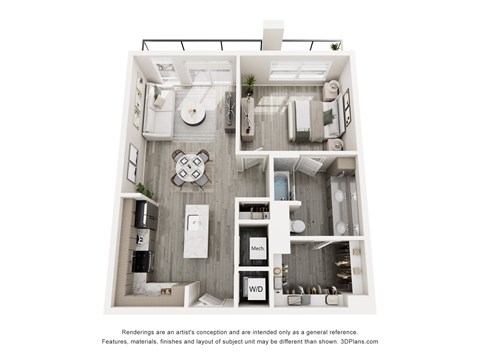 Floor plan for 1 bed, 1 bath, 793 sqft